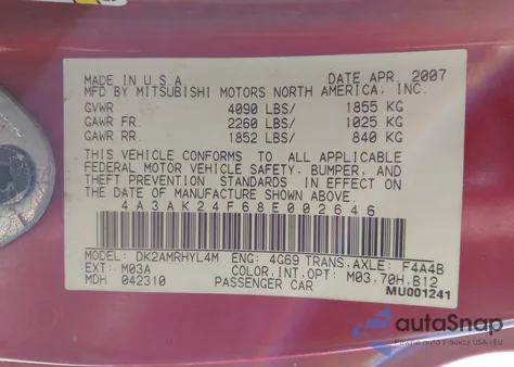 2008 Mitsubishi Eclipse Gs z USA, uszkodzony, nr VIN 4A3AK24F68E002646